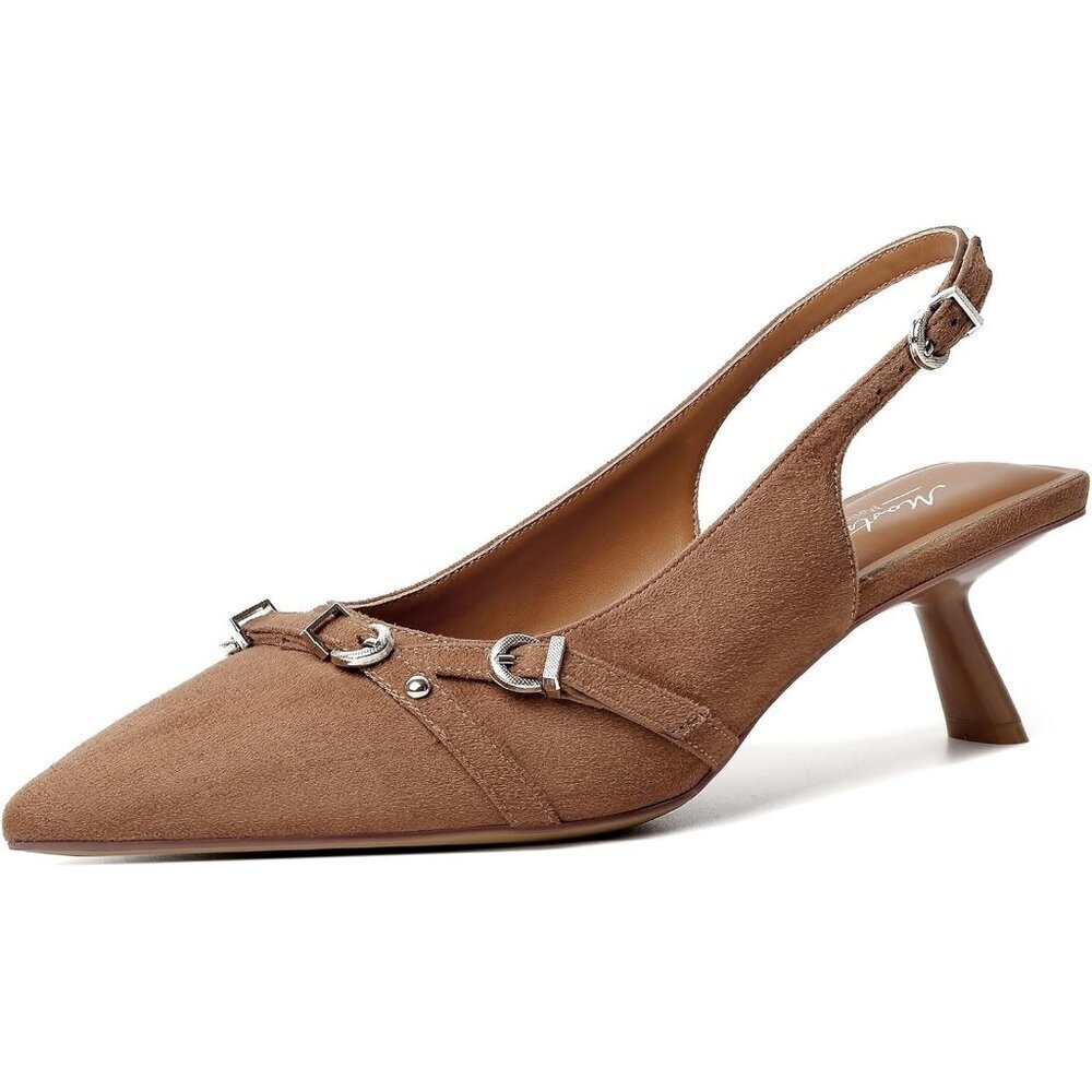 Women's Brown Suede Pointed Toe Pumps Patent Leather Slingback Heels With Buckle